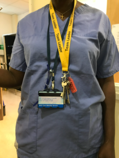 Mary Onuoha's work attire at South London's Croydon University Hospital