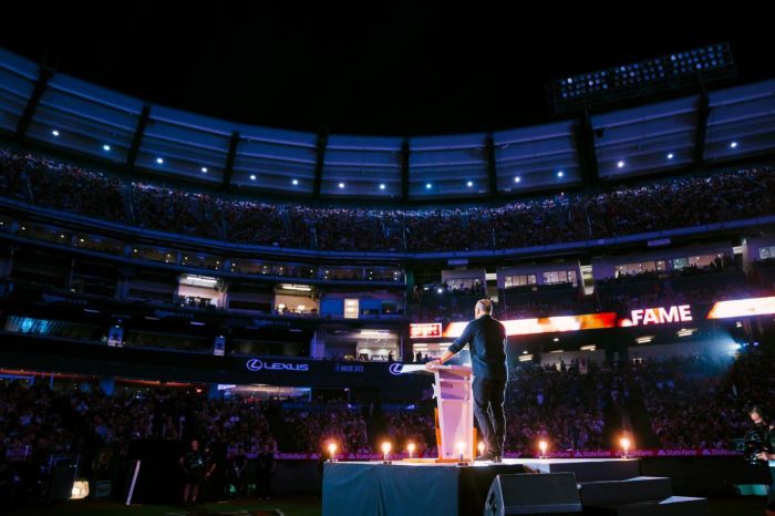 Pastor Greg Laurie preaches during SoCal Harvest 2021 at Angel Stadium in Anaheim, California, on Oct. 3, 2021.