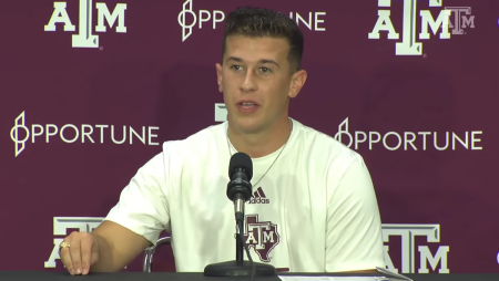 University of Texas A&M kicker Seth Small speaks with the press following a win against No. 1 Alabama on Oct. 9, 2021.