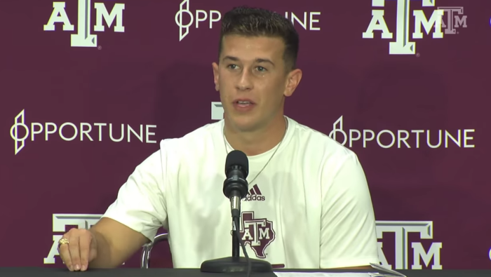University of Texas A&M kicker Seth Small speaks with the press following a win against No. 1 Alabama on Oct. 9, 2021. 