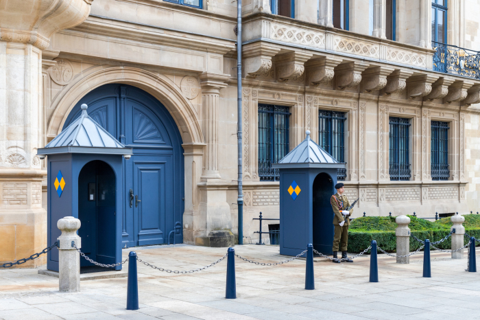 A sentry stands guard outside the Grand Ducal Palace in Luxembourg City, Luxembourg. 