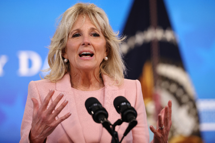 U.S. first lady Jill Biden delivers remarks during an Equal Pay Day event in the South Court Auditorium in the Eisenhower Executive Office Building on March 24, 2021 in Washington, D.C.. 