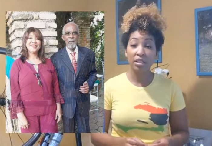 Pastor Jean Pierre Ferrer Michel, a founding member of the church Jesus Center in Delmas 29, Haiti, is pictured (R) in the inset photo. His daughter (R) in this screenshot from an appeal video calls for his release by kidnappers. 