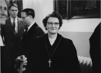 Margaret E. Towner, the first woman ordained in the United Presbyterian Church in the United States of America, as seen in 1956 prior to the service of ordination. 