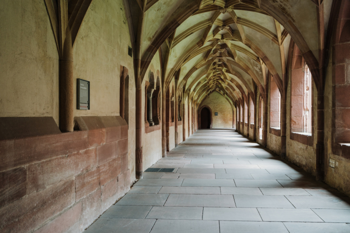 The Gothic cloister at Alpirsbach Abbey in Alpirsbach, Germany. 