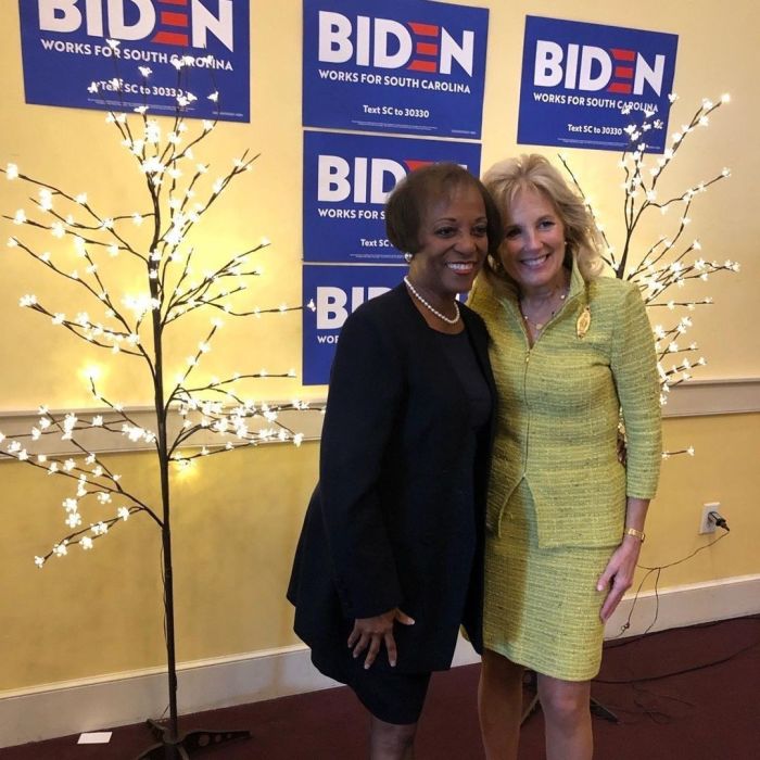 Robin Jackson (L), wife of Pastor Charles B. Jackson Sr., who leads Brookland Baptist Church in Columbia, S.C., and First Lady Jill Biden (R).