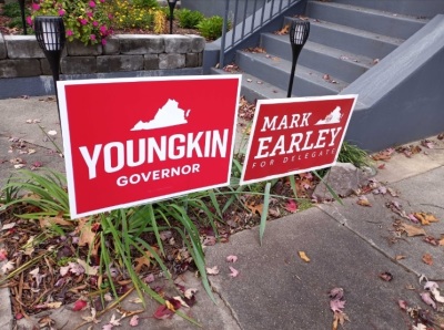 Republican campaign signs for gubernatorial candidate Glenn Youngkin and delegate candidate Mark Earley, as seen in Richmond, Virginia, on Sunday, Oct. 31, 2021. 
