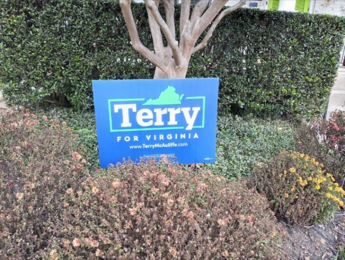 A sign for Democratic gubernatorial candidate Terry McAuliffe, as seen on display in Richmond, Virginia, on Sunday, Oct. 31, 2021. 