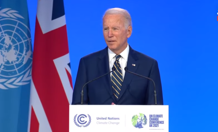 President Joe Biden speaks at the COP26 Climate Conference in Glasgow, Scotland, on Monday, Nov. 1, 2021.