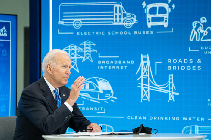 President Joe Biden meets virtually with governors, mayors, county officials and tribal leaders to discuss infrastructure, Wednesday, August 11, 2021, in the South Court Auditorium in the Eisenhower Executive Office Building at the White House. 