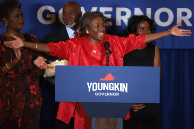 Virginia Republican candidate for lieutenant governor Winsome Sears takes the stage with her family during an election night rally at the Westfields Marriott Washington Dulles on November 02, 2021, in Chantilly, Virginia. Virginians went to the polls Tuesday to vote in the gubernatorial race that pitted Republican gubernatorial candidate Glenn Youngkin against Democratic gubernatorial candidate, former Virginia Gov. Terry McAuliffe. 