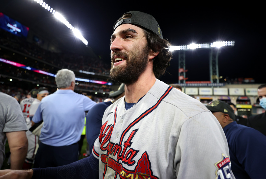 Dansby Swanson #7 of the Atlanta Braves celebrates after the team's 7-0 victory against the Houston Astros in Game 6 to win the 2021 World Series at Minute Maid Park on Nov. 2, 2021, in Houston, Texas.