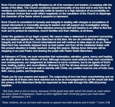 The Rock Church of Virginia Beach, Virginia posted a statement to the home page of their website soon after the arrest of their lead pastor, John Blanchard, in November 2021. 