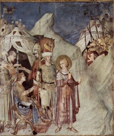 Saint Martin of Tours (316-397), a bishop known for his charity work, reported miracles, and being a prominent saint of France, shown leaving the army to begin his life as a missionary. 