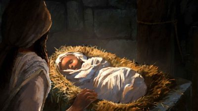 Baby Jesus is depicted in a graphic illustration in The Video Bible.