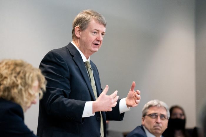 Defense attorney Kevin Gough addresses the court during the trial for Ahmaud Arbery's shooting death at the Glynn County Courthouse on Nov. 8, 2021 in Brunswick, Georgia. 