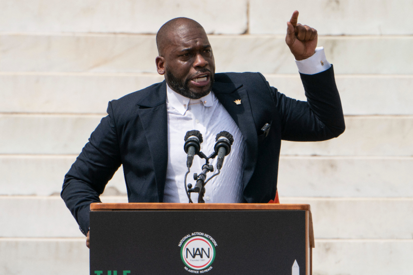 Jamal Bryant, senior pastor of New Birth Missionary Baptist Church, speaks during the "Commitment March: Get Your Knee Off Our Necks" protest against racism and police brutality, on August 28, 2020, in Washington, D.C. 
