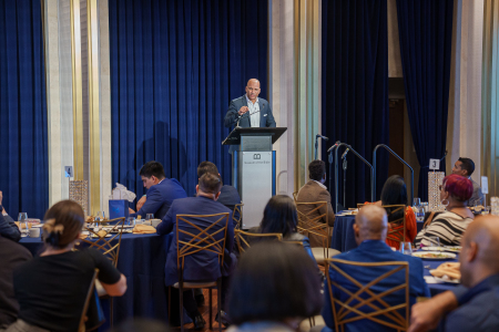 Bishop Derek Grier of Grace Church in Dumfries, Virginia speaks in front of a crowd for a race discussion at the Washington Museum of the Bible in Washington, D.C. on Wednesday, Nov. 17 2021.