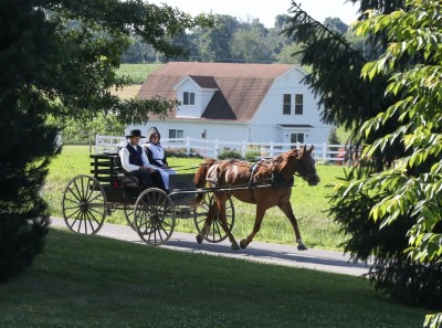 Amish family going to church