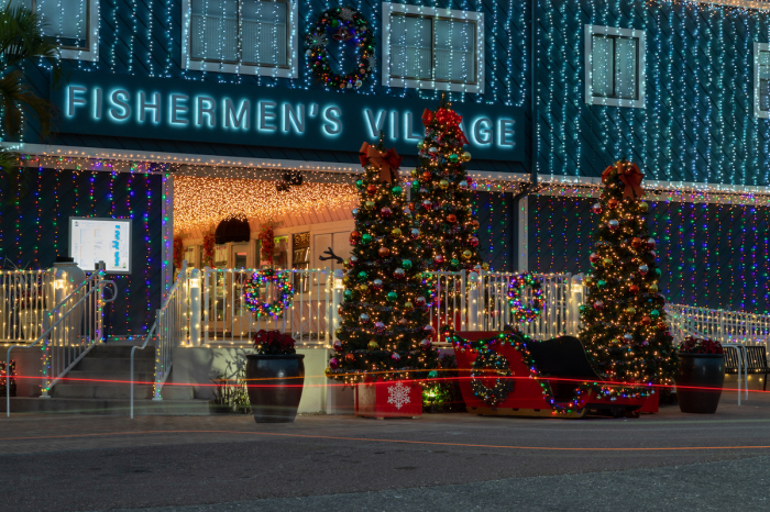Fishermen’s Village in Punta Gorda is decorated with more than a million Christmas lights through December. 
