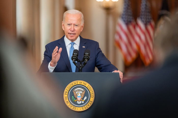 President Joe Biden delivers remarks on ending the war in Afghanistan, Aug. 31, 2021, in front of the Cross Hall of the White House. 
