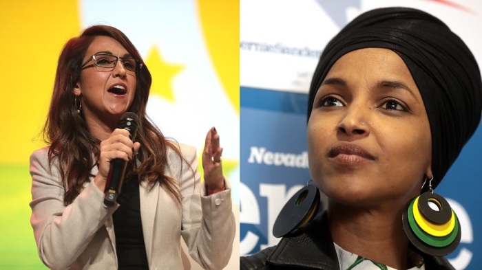 Republican Rep. Lauren Boebert of Colorado (L) in West Palm Beach, Florida, on Dec. 21, 2020, and Rep. Ilhan Omar, D-Minn. (R), in Las Vegas, Nevada, on Feb. 9, 2020. 