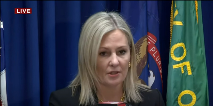 Oakland County Prosecutor Karen McDonald speaks at a news conference about the fatal shooting at Oxford High School in Michigan on Dec. 1, 2021. 