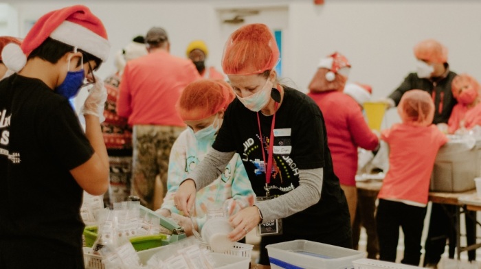 Volunteers pack meals as part of Liquid Church's Christmas Outreach event held on Dec. 3-4, 2021 in New Jersey.