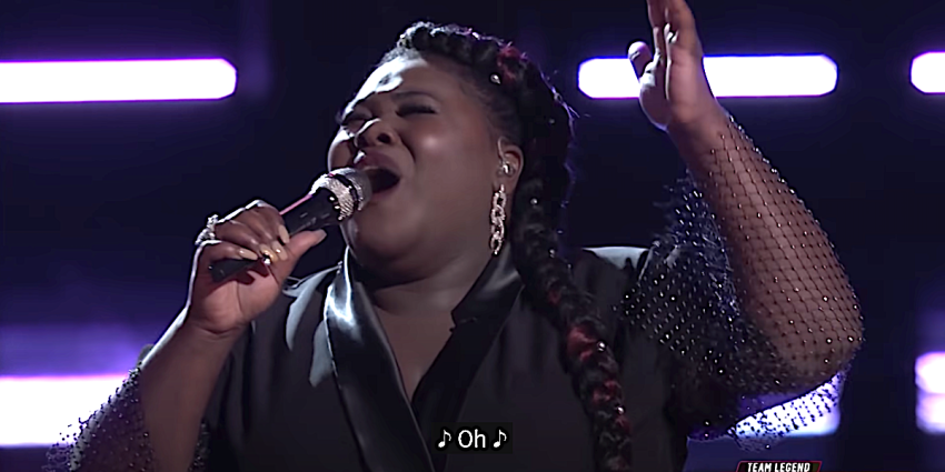 Jershika Maple performs Tasha Cobbs Leonard’s “Break Every Chain” on NBC’s “The Voice,” on Dec. 7, 2021.