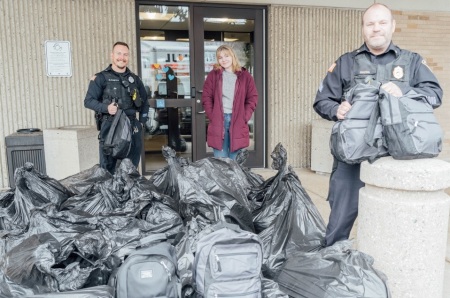 LifePoint Church of Chicopee, Massachusetts, donated 200 backpacks filled with supplies for the homeless to police departments in Chicopee and Holyoke on Wednesday, Dec. 8, 2021.