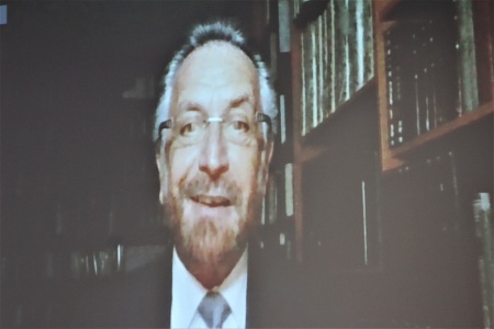 Chief Rabbi David Rosen, the international director of the Department of Interreligious Affairs with the American Jewish Committee, speaks remotely during a discussion about the nexus between faith and diplomacy at the U.N. Church Center in New York City on Friday, Dec. 10, 2021.