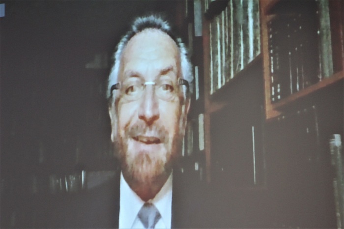Chief Rabbi David Rosen, the international director of the Department of Interreligious Affairs with the American Jewish Committee, speaks remotely during a discussion about the nexus between faith and diplomacy at the U.N. Church Center in New York City on Friday, Dec. 10, 2021. 
