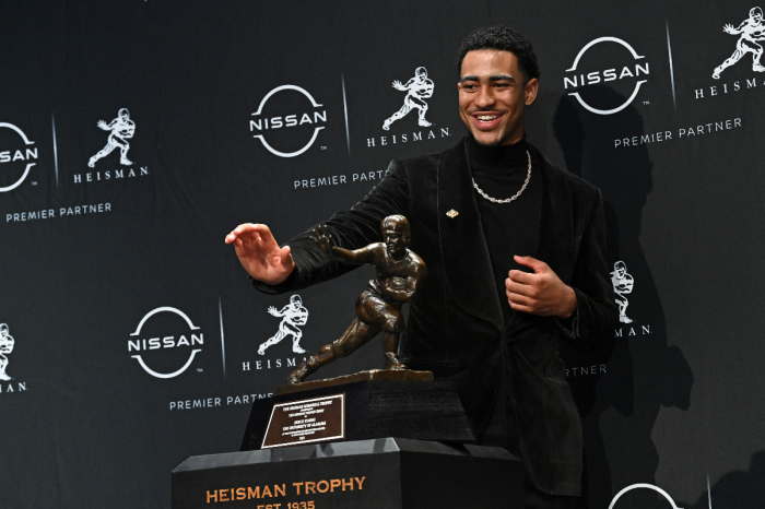 The 2021 Heisman Trophy Winner quarterback Bryce Young from Alabama speaks at the 2021 Heisman Trophy Winners press conference at the at Marriott Marquis Hotel on December 11, 2021 in New York City. 
