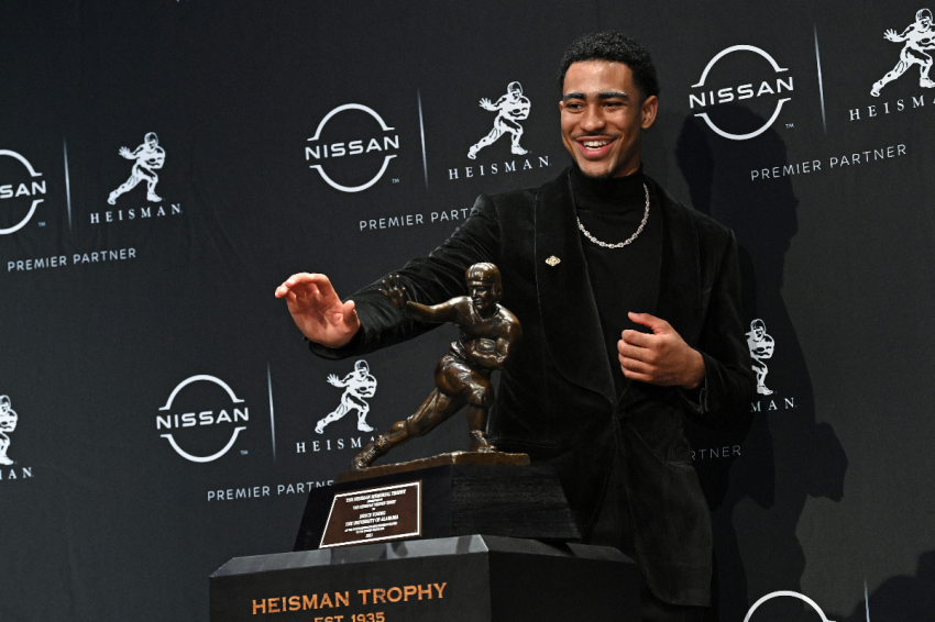 The 2021 Heisman Trophy Winner quarterback Bryce Young from Alabama speaks at the 2021 Heisman Trophy Winners press conference at the at Marriott Marquis Hotel on December 11, 2021 in New York City.