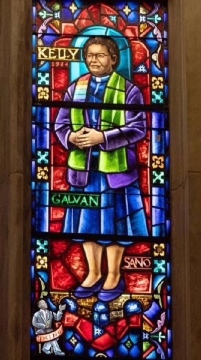 A stained glass image of Leontine T.C. Kelly, the first African-American female bishop in the United Methodist Church. The window, found at the Cathedral of the Rockies of Boise, Idaho, replaced an earlier stained-glass image of Confederate General Robert E. Lee. 