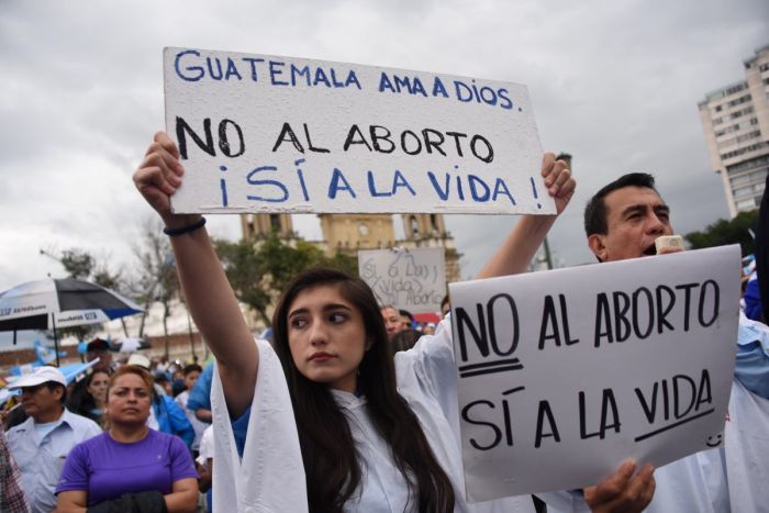 Members of the Catholic and Evangelical churches and conservative sectors participate in a demonstration against abortion in Guatemala City on Sept. 2, 2018, as the Congress is scheduled to vote on September 4, 2018, a bill to further criminalize abortion. Guatemala only allows abortions in cases where the mother's life is deemed to be in danger. 