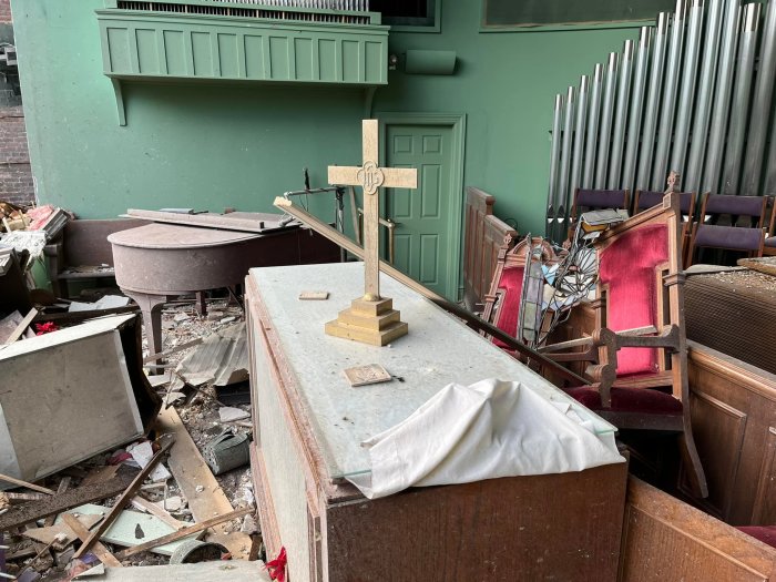An altar depicting Michelangelo's 'The Last Supper' remains standing at First Christian Church in Mayfield, Kentucky, after a deadly tornado struck on Dec. 10, 2021. 