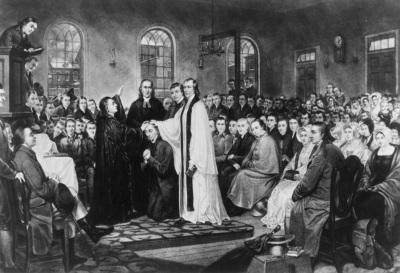 The ordination of Francis Asbury at the Methodist Episcopal Church’s “Christmas Conference,” which was held at Lovely Lane Chapel in Baltimore, Maryland, from Christmas Eve 1784 to early January 1785. 