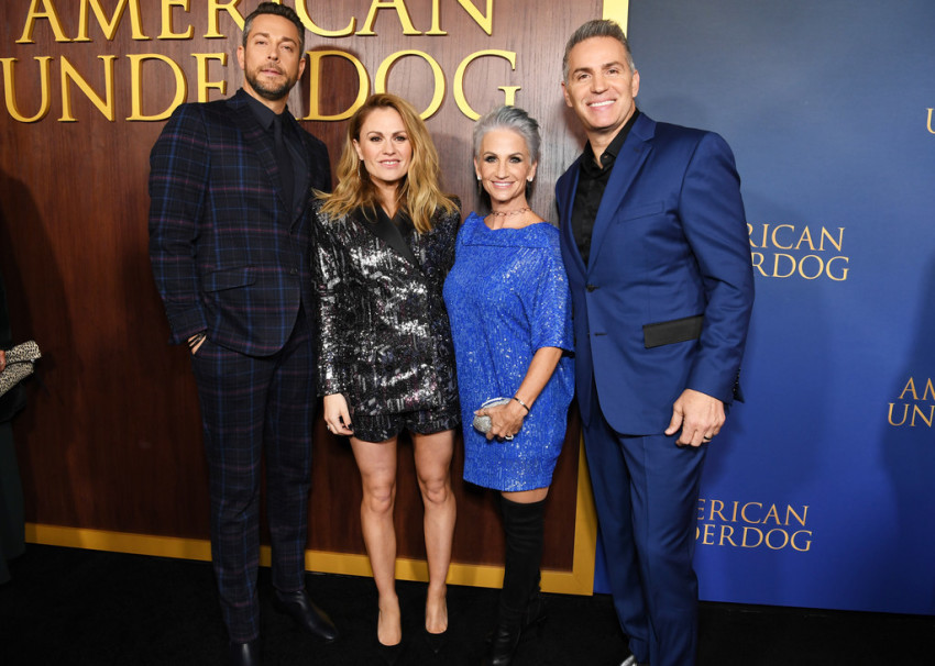 Zachary Levi, Anna Paquin and Kurt and Brenda Warner appear at the red carpet premiere of "American Underdog."