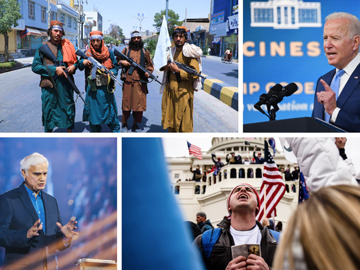 Top left to right: Taliban fighters in Afghanistan on Aug. 19, 2021; President Joe Biden at the White House on Aug. 23, 2021. Bottom left to right: Ravi Zacharias at Atlanta's Philips Arena on Jan. 3, 2016; supporters of President Donald Trump at the U.S. Capitol on Jan. 6, 2021. 
