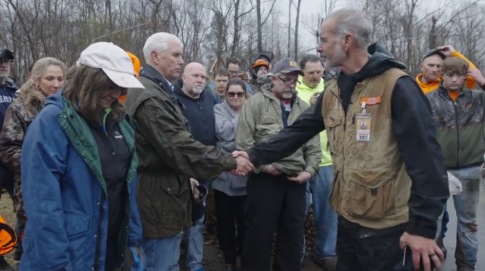 Former Vice President Mike Pence meets with the people of Mayfield, Kentucky, on Dec. 18, 2021, a week after deadly tornadoes struck six states.