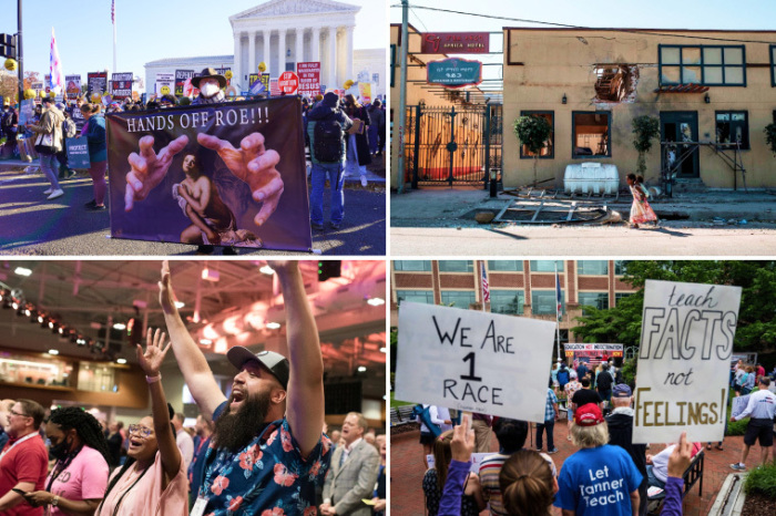 Top left to right: Demonstrators for and against abortion protest outside the U.S. Supreme Court in Washington, D.C., on Dec. 1, 2021. Children play in front of a hotel damaged by mortar shelling in Humera, Ethiopia, on Nov. 22, 2020. Bottom left to right: Southern Baptists worship during the SBC's Annual Meeting in Nashville, Tennessee, on June 15, 2021. Residents opposed to the teaching of critical race theory in public schools demonstrate outside the Loudoun County Government Center in Leesburg, Virginia, on June 12, 2021.