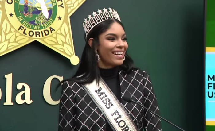 Miss Florida Ashley Cariño speaks during a press conference with Osceola County Sheriff Marcos Lopez on Dec. 14, 2021 to address announce an anti-bullying campaign. 