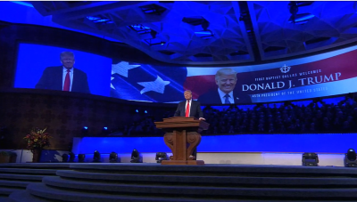 Former US President Donald Trump speaks at First Baptist Dallas on Dec. 19, 2021. 