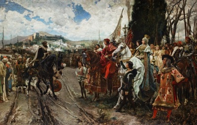 A 19th century depiction of Christian Spanish forces under King Ferdinand V and Queen Isabella I accepting the surrender of Moorish King Boabdil, ruler of Granada, on Jan. 2, 1492. 
