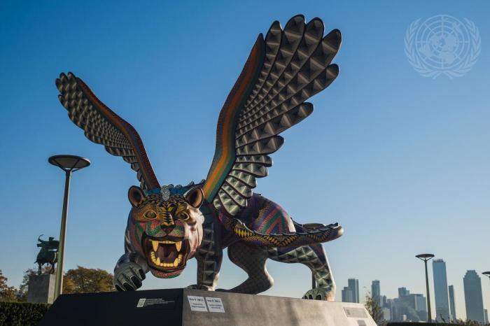 The controversial sculpture 'A Guardian for International Peace and Security' as it appeared on the Visitors Plaza outside the United Nations Headquarters on November 9, 2021.