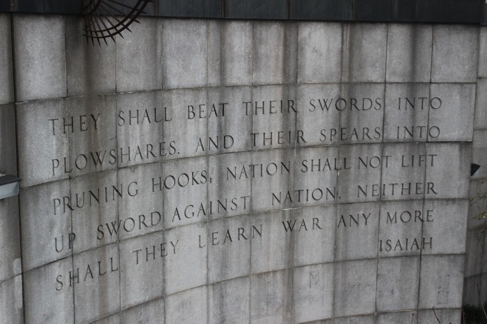 The Isaiah Wall is a curved wall inscribed with an excerpt from Isaiah 2:4 in the Bible that forms a part of a staircase, located at 1st Avenue and 43rd Street across from the United Nations in New York City. 
