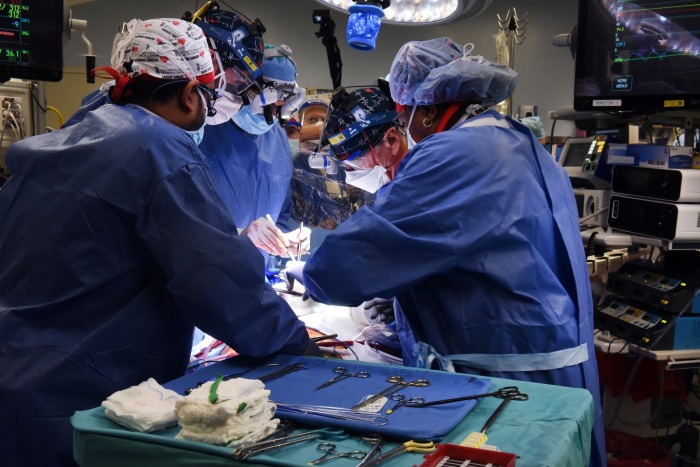 Doctors perform the historic transplant of a genetically-modified pig heart into David Bennett, 57, at the University of Maryland Medical Center.