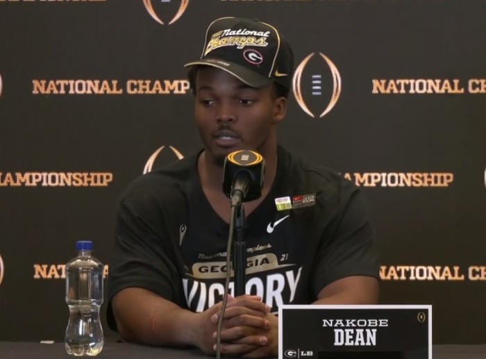University of Georgia linebacker Nakobe Dean speaks during a post-game press conference after the Bulldogs won the College Football Playoff National Championship in Indianapolis, Indiana on Jan. 10, 2022. 