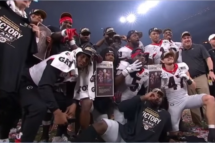 University of Georgia players celebrate on the field after they won the College Football Playoff National Championship in Indianapolis, Indiana on Jan. 10, 2022. 